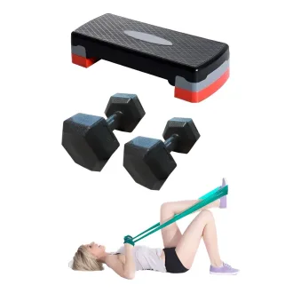Step Aeróbico + Mancuernas Forradas 2kg + Banda Pilates